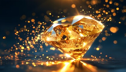 Poster - Translucent Golden Diamond Dispersing into Glow Particles with Optical Flares