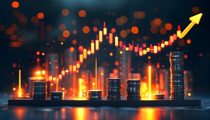 Wall Mural - Digital candlestick chart visualizing stock market growth on a dark squared backdrop with glowing elements and perspective depth