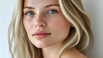 Wall Mural - Natural Beauty: Portrait of a Blonde Woman with Clear Skin and Blue Eyes on White Background