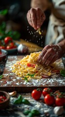 Canvas Print - Professional chef's hands preparing handmade pasta dough on a flourcovered kitchen counter with fresh ingredients like tomatoes basil and garlic nearby