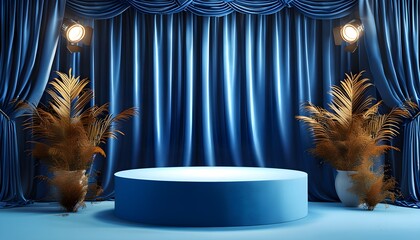 Wall Mural - Elegant 3D Podium Against Blue Background with Luxurious Fabric Curtain and Spotlight