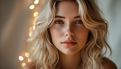 Wall Mural - Elegant studio portrait of a young blonde woman with wavy hair and natural makeup, gazing into the camera with a soft light backdrop