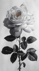 Wall Mural - Realistic rose drawing with carefully shaded petals dewdrops on the leaves and a subtle spiral at the center of the bloom