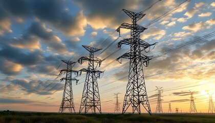 Wall Mural - Majestic high voltage tower illuminating the skyline against a dramatic sunset