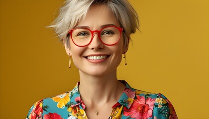 Wall Mural - Vibrant studio portrait of a smiling woman in colorful floral shirt and red glasses against a bright yellow background, embodying positivity and creativity.