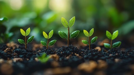 Wall Mural - New Life  Green Sprout Seedlings Growing in Soil with Blurred Nature Background