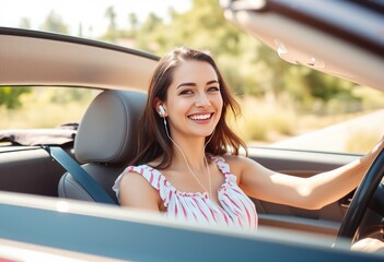 Summer Drive A woman with a relaxed smile wearing earbuds drivin