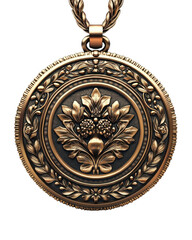 Detailed bronze medallion featuring ornate floral design, isolated on white background.