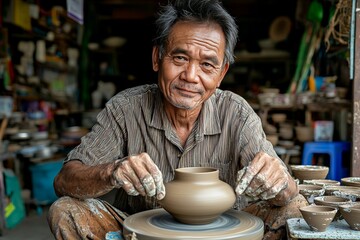 A potter in a small village in Thailand shaping clay into delicate pottery on a spinning wheel, surrounded by his finished works