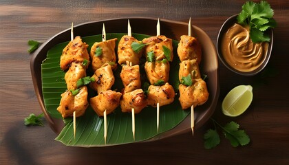 Wall Mural - Delicious Chicken Satay with Peanut Sauce in a Top View Presentation