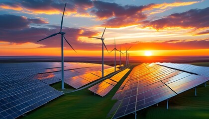 Harnessing Natures Power: Wind Turbines and Solar Panels Against a Vibrant Sunset