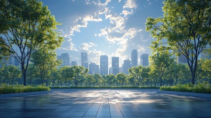 Poster - City Skyline with Green Trees and Empty Plaza