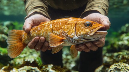 Sticker - Underwater Close up of Person Holding a Large Orange Fish