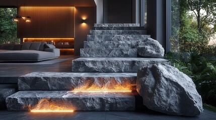 Sticker - Modern Interior Design with Stone Stairs and Led Lights