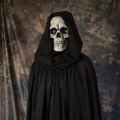 Scary dead ghost skeleton wearing black cloak