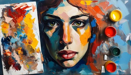 Wall Mural - Vibrant expression of a face accompanied by a colorful artists palette