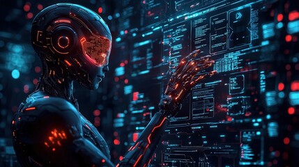 Wall Mural - futuristic cyborg robot interacting with digital interface