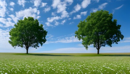 Wall Mural - Tranquil field adorned with two trees under a vivid blue sky