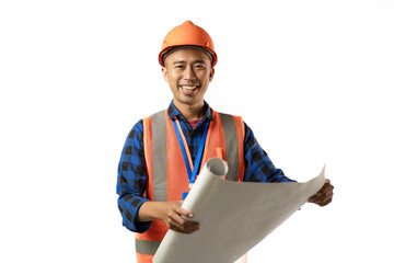 Young Asian male construction worker opening a scroll of blueprints, industrial and construction concepts, isolated white background.