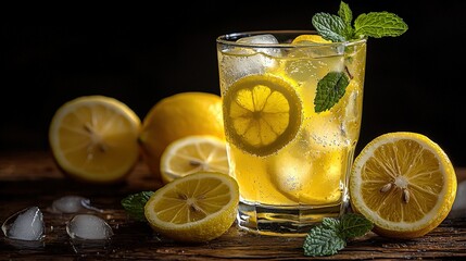 Refreshing Lemon and Mint Drink with Ice Cubes on Rustic Wood