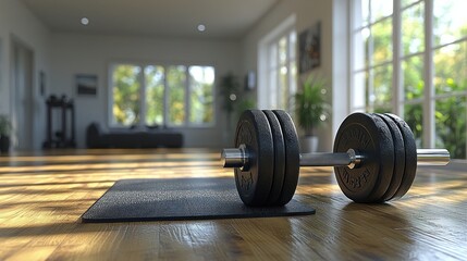 A dumbbell rests on a mat in a bright, modern workout space.