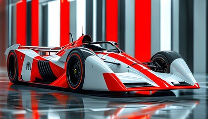 Sleek futuristic F1 car set against striking red and white striped backdrop, showcasing aerodynamic design in flat graphics with clean lines and minimal details