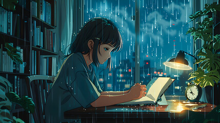 Lofi Girl studying at her desk. Rain ourside, beautiful chill, atmospheric wallpaper. Anime manga style. vector