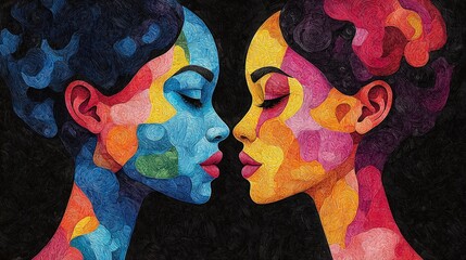 Abstract Colorful Portrait of Two Women Facing Each Other