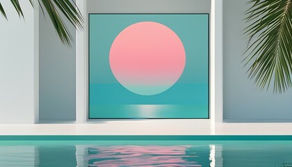 Wall Mural - Minimalist sunrise artwork with geometric shapes in pastel pinks and turquoises, depicting sun rays over a tranquil turquoise sea