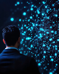 Wall Mural - A man in a suit is looking at a computer screen with a blue background. Concept of technology and innovation, as the man is focused on the screen. The blue background adds a sense of depth