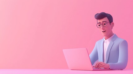 A 3D cartoon man with glasses smiling while working on a laptop.