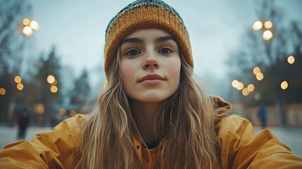 Wall Mural - Young woman wearing a yellow jacket and beanie, looking directly at the camera.