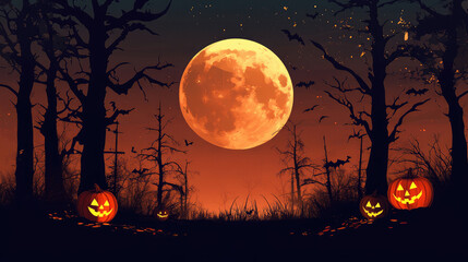 A Halloween scene with a full moon and three pumpkins