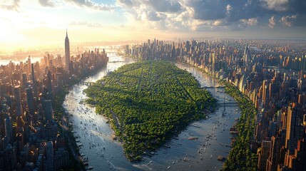 Poster - Aerial View of Manhattan Skyline with Central Park and River