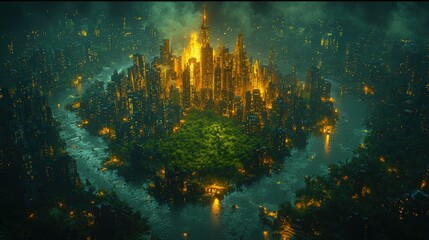 Poster - Futuristic Cityscape with Water and Trees