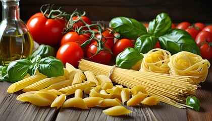 Wall Mural - Rustic wooden table adorned with an assortment of pasta, ripe tomatoes, and fragrant basil