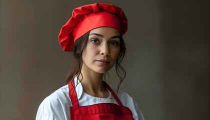 Wall Mural - Passionate female chef in vibrant red hat and apron ready to create culinary delights