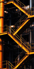 a yellow staircase with a black background. the staircase is very tall and has a lot of steps