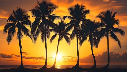 Wall Mural - Silhouetted palm trees framing a vibrant and breathtaking sunset