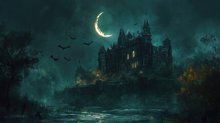 Wall Mural - A dark mansion stands ominously under a crescent moon, with bats flying around, casting a shadowy, haunting vibe over the eerie setting.