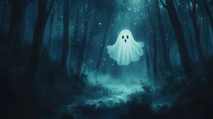 Wall Mural - A ghostly figure is flying through a forest at night