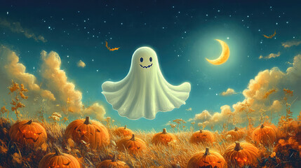 Wall Mural - This friendly ghost floats happily above the pumpkins, with a joyful moon beaming down from the sky, creating a warm and festive Halloween atmosphere.