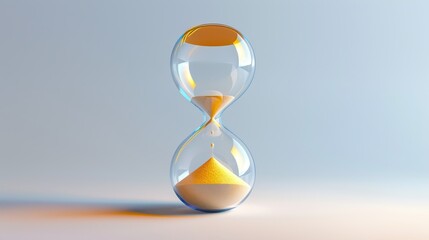 Transparent hourglass with golden sand flowing on light gray background showing passage of time