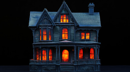 Wall Mural - This spooky haunted house is illuminated from within, casting an unsettling light into the surrounding darkness.