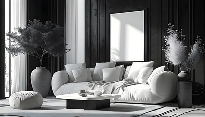 Wall Mural - Elegant black and white composition of a white matte luma box frame with softly rounded corners