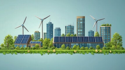 Wall Mural - Green City with Solar Panels and Wind Turbines