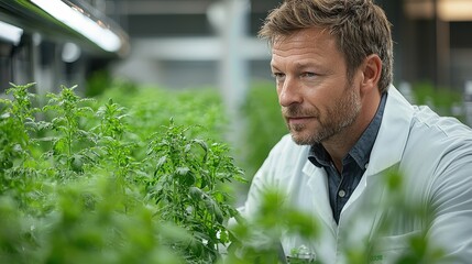 Wall Mural - Scientist Examining Plants in Greenhouse Laboratory