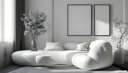 Wall Mural - Elegant black and white composition of a white matte luma box frame with softly rounded corners