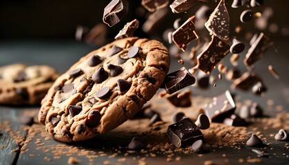 Decadent chocolate chip cookies with flying chocolate chips creating a whimsical chocolate explosion