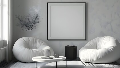 Wall Mural - Elegant black and white composition of a white matte luma box frame with softly rounded corners